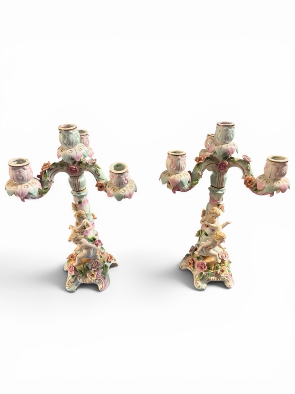 Antique Porcelain Cherub Candelabra Pair Hand Painted Floral Candlesticks